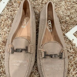 Tod's Light Beige Canvas Loafers with Silver Horsebit